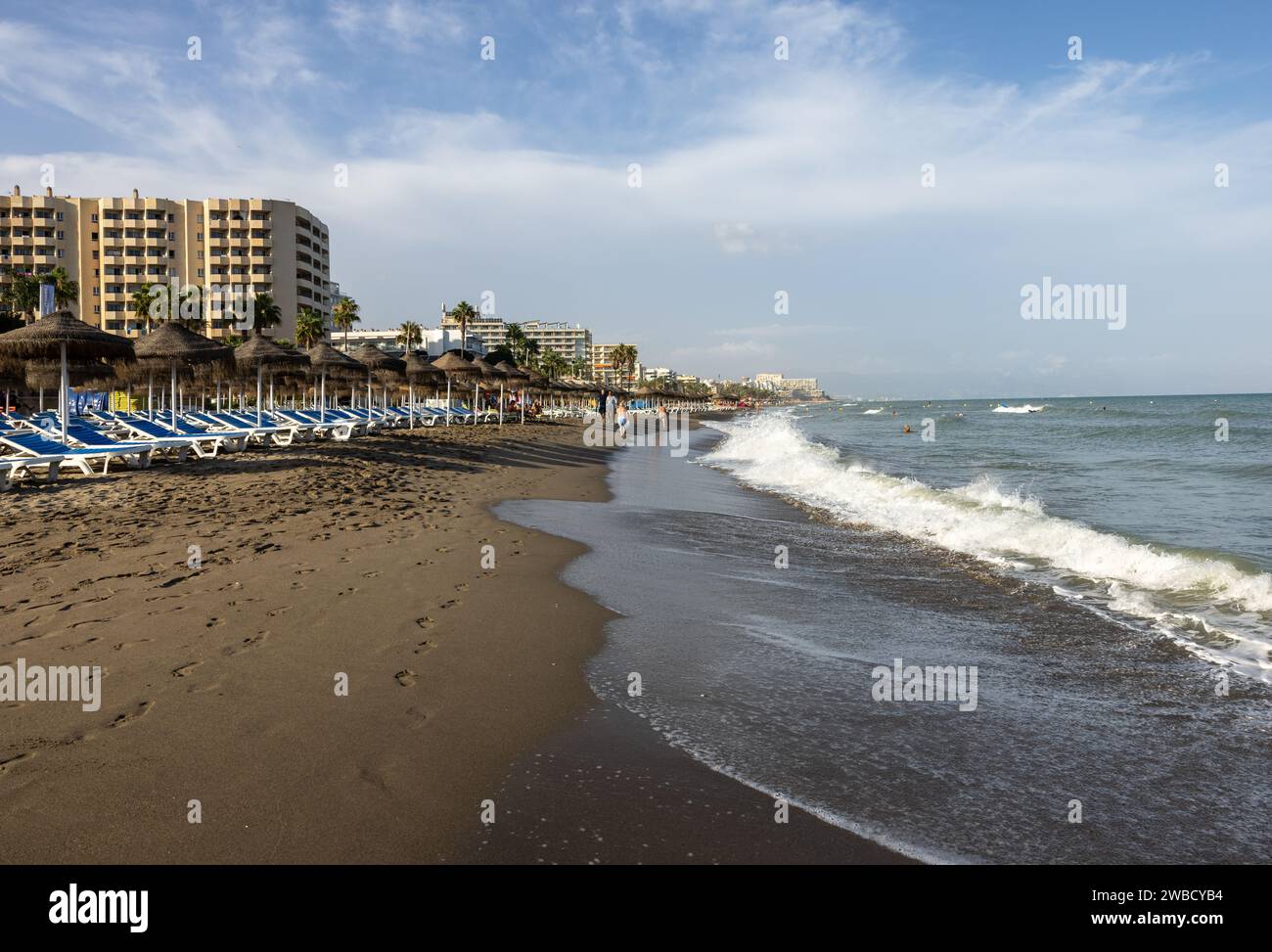 Torremolinos, Spain - September 15, 2023: La Carihuela beach in Torremolinos, Malaga, Costa del Sol, Spain Stock Photo