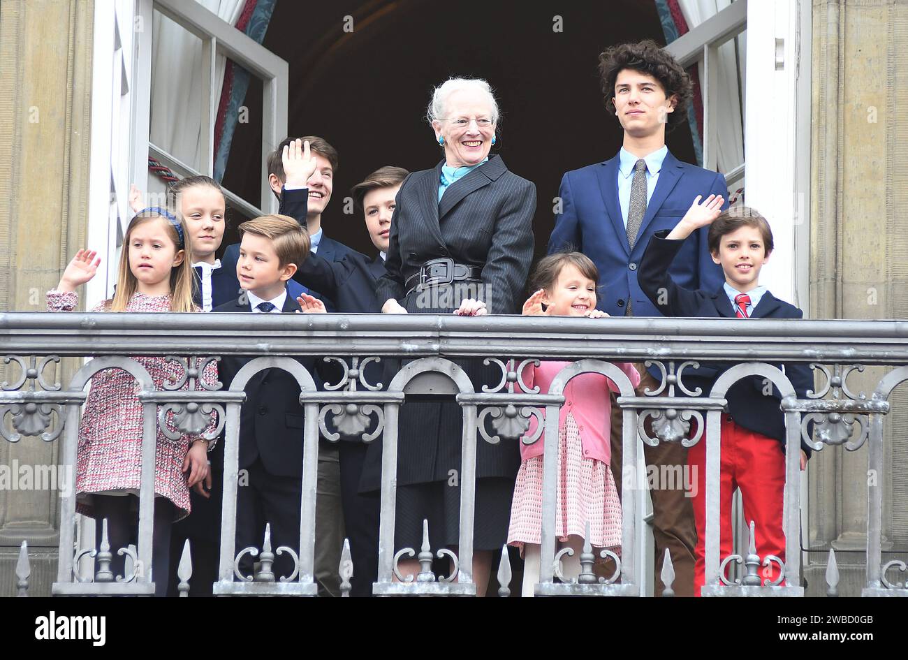 Copenhagen/Denmark 16 April 2018  .H.M.Queen Margrethe II celebrates 78 years birthday come ouat Amalienborg Palce balacy compnay her prince Joachim and crown prince frederiks was absent from balcony so her husband Psrince Henrik who died some months back at balacoy Crown princess Mary and her all children pincess and prince and Prince Joachim and Princess Marie and thier all children today on monday 16 pareil 2018 Photo.Francis Joseph Dean / Deanpictures. Stock Photo