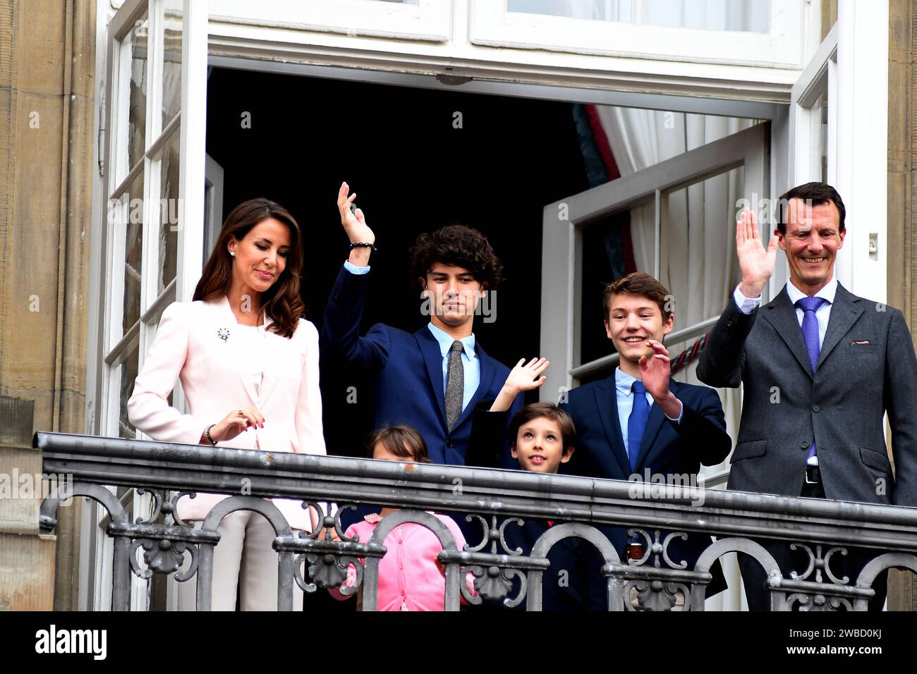 Copenhagen/Denmark 16 April 2018  .H.M.Queen Margrethe II celebrates 78 years birthday come ouat Amalienborg Palce balacy compnay her prince Joachim and crown prince frederiks was absent from balcony so her husband Psrince Henrik who died some months back at balacoy Crown princess Mary and her all children pincess and prince and Prince Joachim and Princess Marie and thier all children today on monday 16 pareil 2018 Photo.Francis Joseph Dean / Deanpictures. Stock Photo