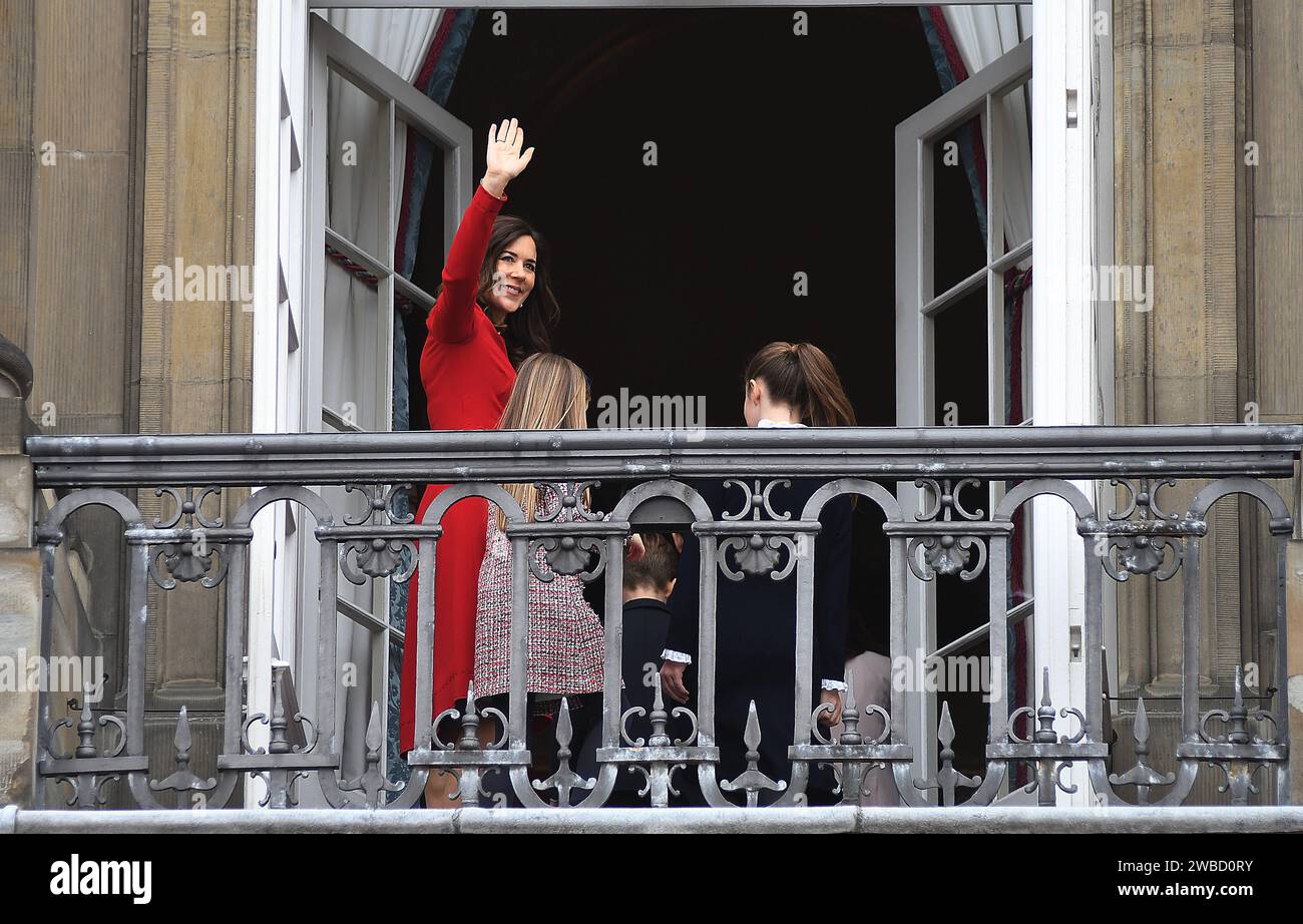 Copenhagen/Denmark 16 April 2018  .H.M.Queen Margrethe II celebrates 78 years birthday come ouat Amalienborg Palce balacy compnay her prince Joachim and crown prince frederiks was absent from balcony so her husband Psrince Henrik who died some months back at balacoy Crown princess Mary and her all children pincess and prince and Prince Joachim and Princess Marie and thier all children today on monday 16 pareil 2018 Photo.Francis Joseph Dean / Deanpictures. Stock Photo