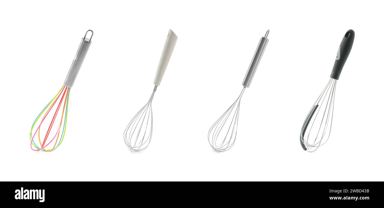 Different whisks isolated on white, collection. Kitchen tool Stock
