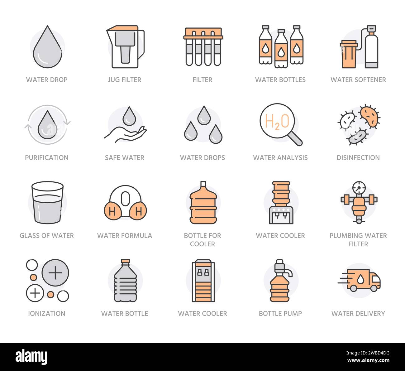 Water drop flat line icons set. Aqua filter, softener, ionization, disinfection, purification, glass, pump, drink vector illustrations. Thin signs for Stock Vector