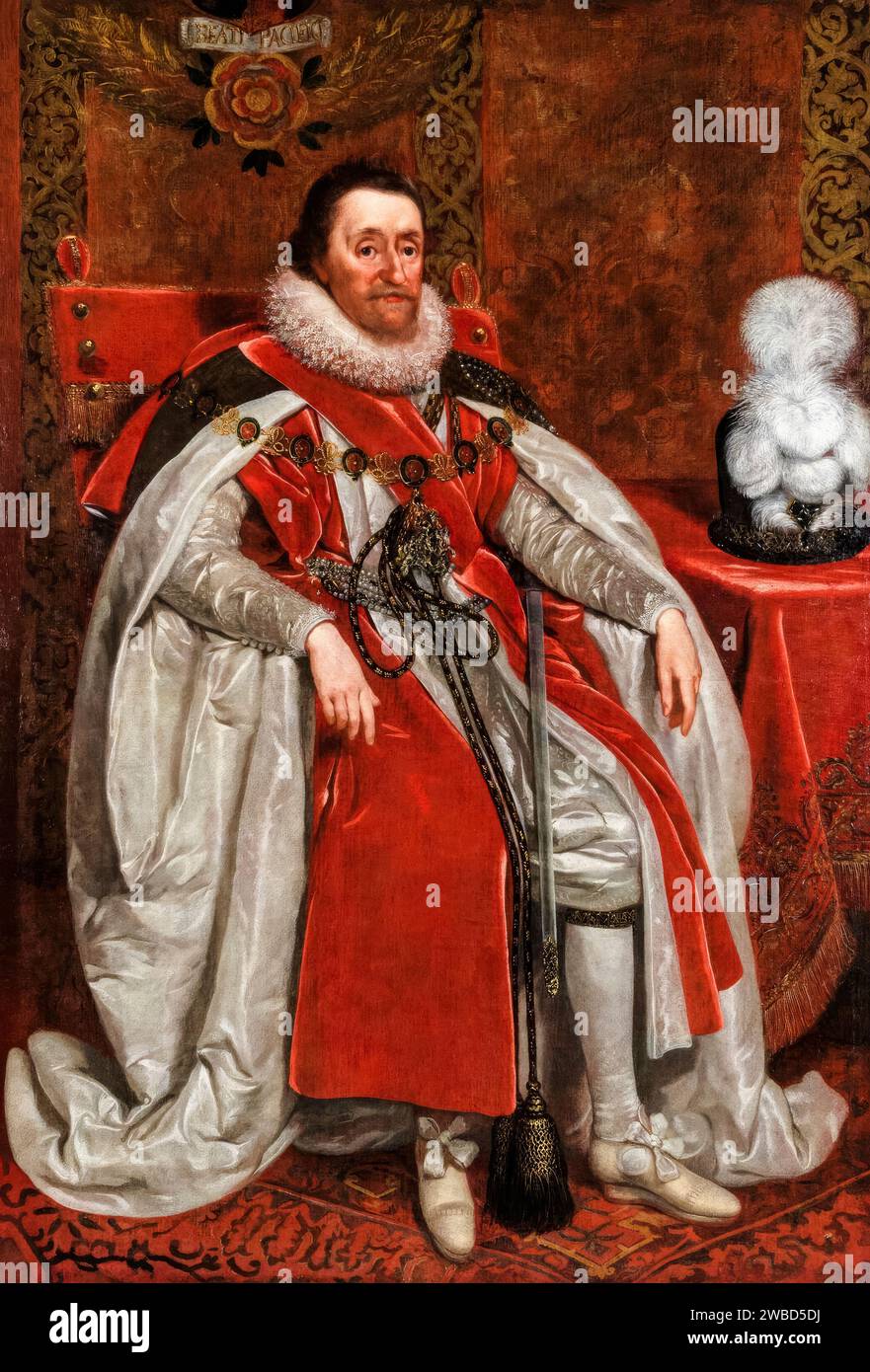 James I of England (James VI of Scotland) (1566-1625), British King, portrait painting in oil on canvas by Daniel Mytens, 1621 Stock Photo