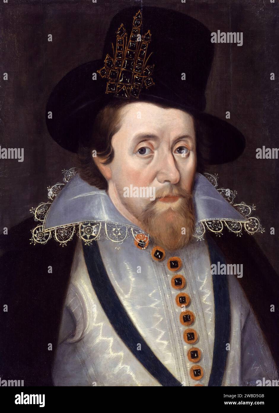 James I of England (James VI of Scotland) (1566-1625), portrait painting in oil on panel after John de Critz, 1606-1630 Stock Photo