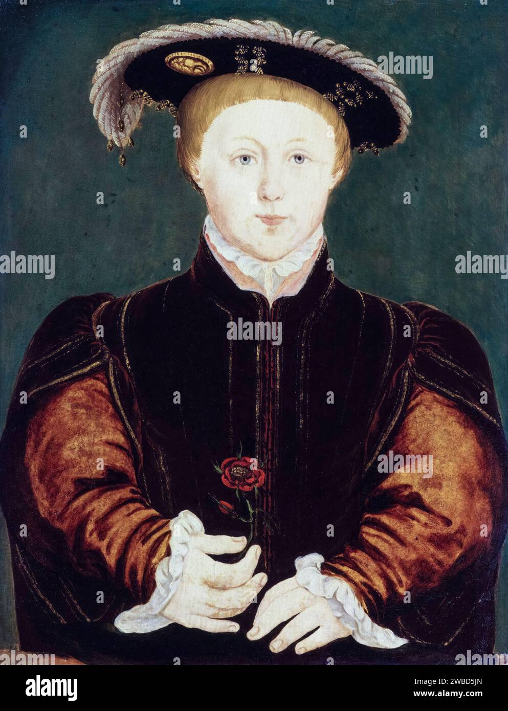 Edward VI (1537-1553) as a boy, King of England and Ireland (1547-1553) , portrait painting in oil on panel after Hans Holbein the Younger, circa 1542 Stock Photo