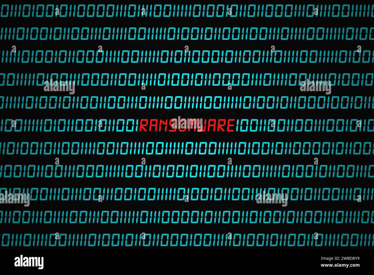 Red word "Ransomware" hidden in the middle of a binary code sequence. Stock Photo