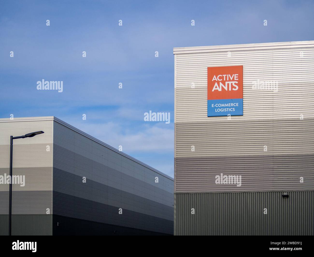 Warehouses and signage for Active ANTS, an E-fulfilment centre, Brackmills Industrial Estate, Northampton, UK Stock Photo