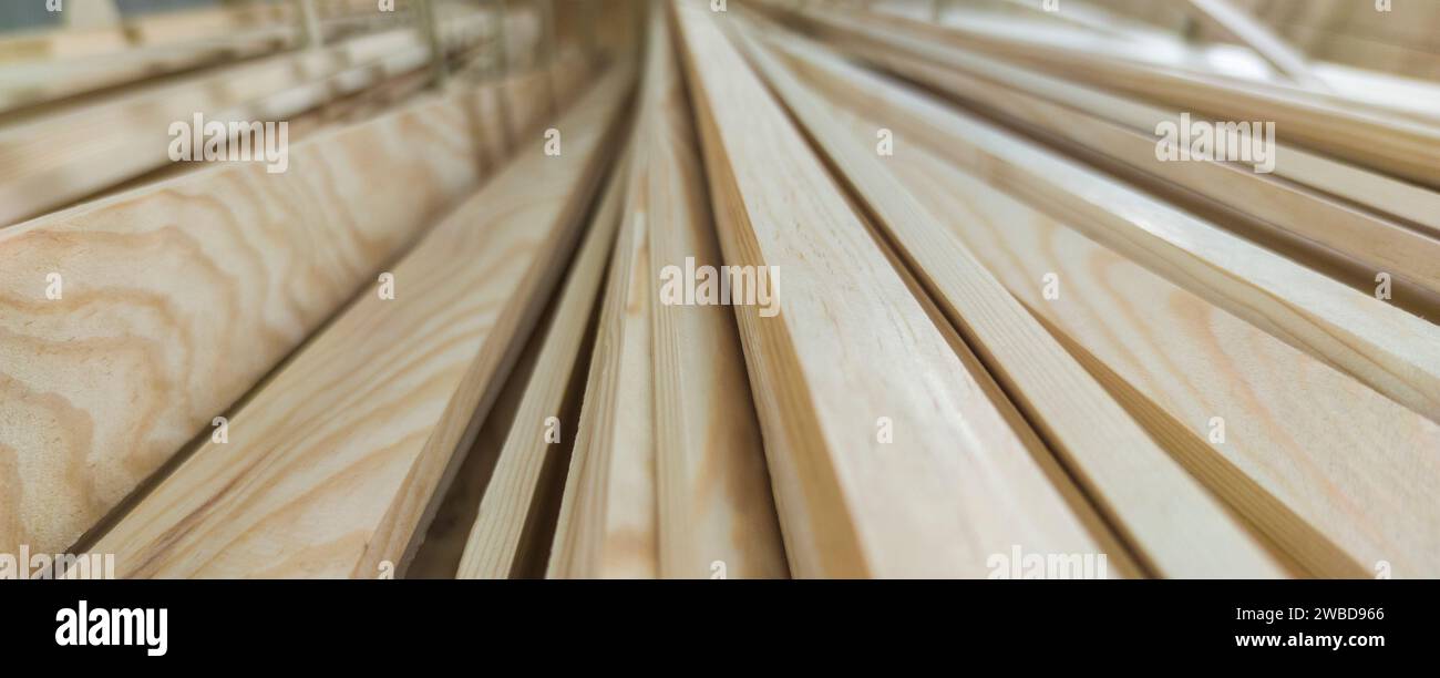Planed strips made of fir tree wood. Long format Stock Photo