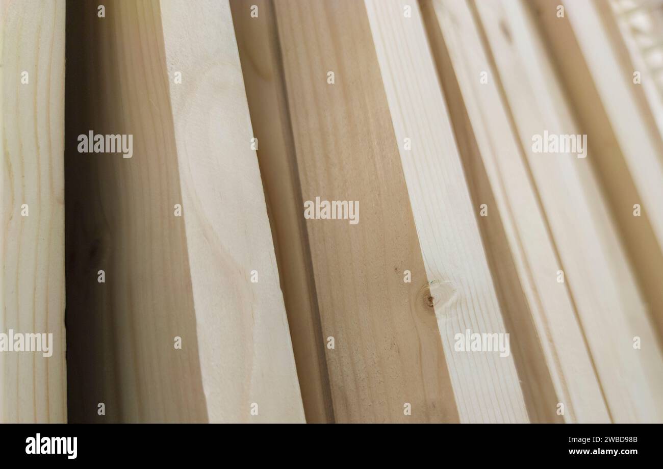 Planed strips made of fir tree wood. Selective focus Stock Photo