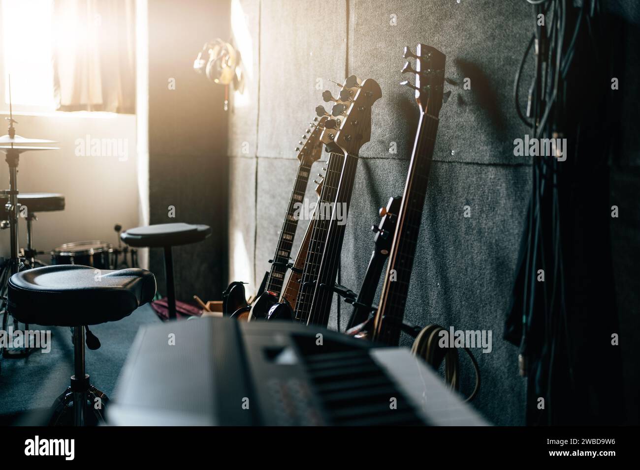 Music instruments in room. Sound recording studio background. Stock Photo
