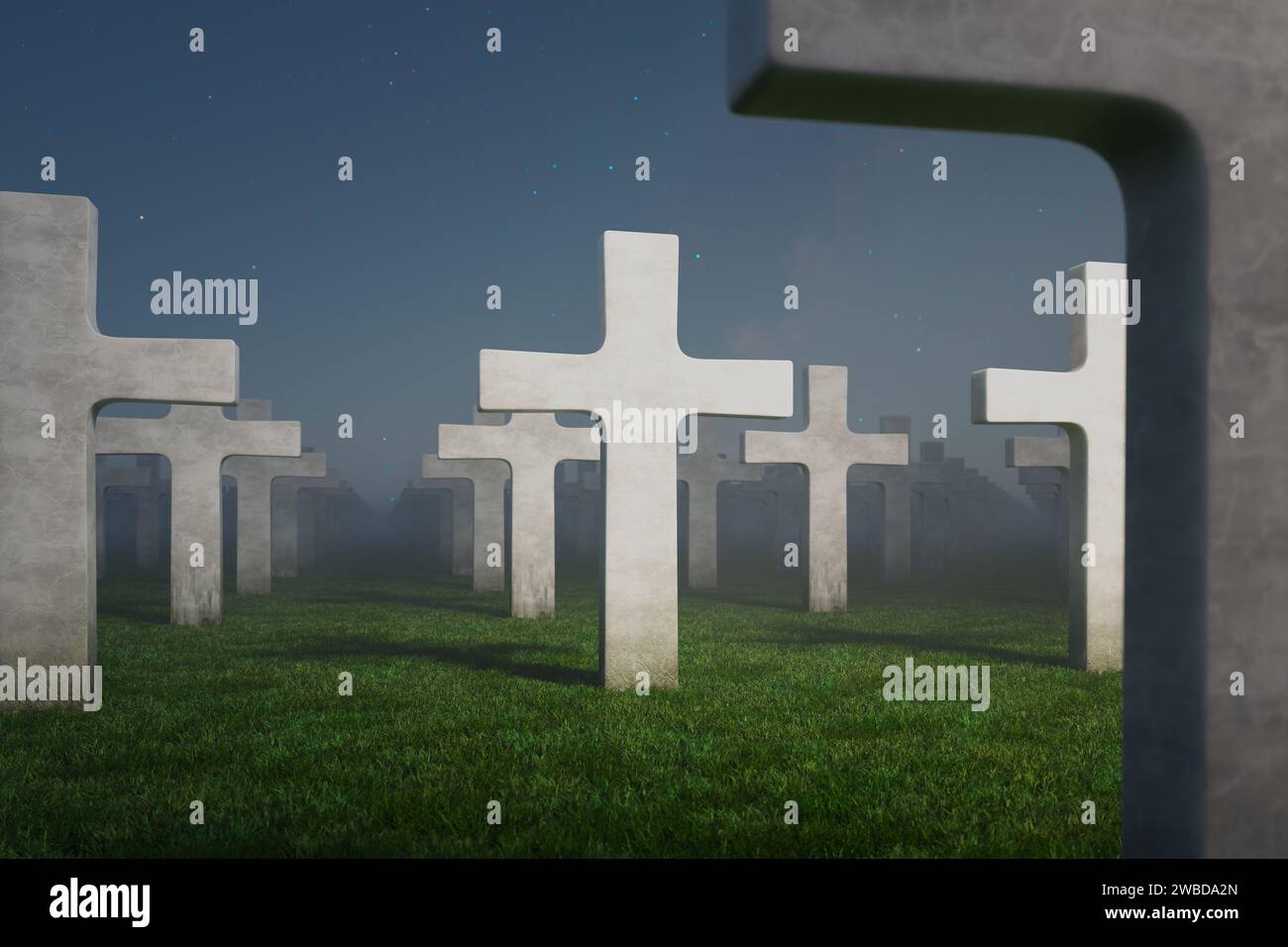 A spellbinding twilight scene blankets a tranquil cemetery, where cross-shaped tombstones rise through the fog, embodying a poignant blend of remembra Stock Photo