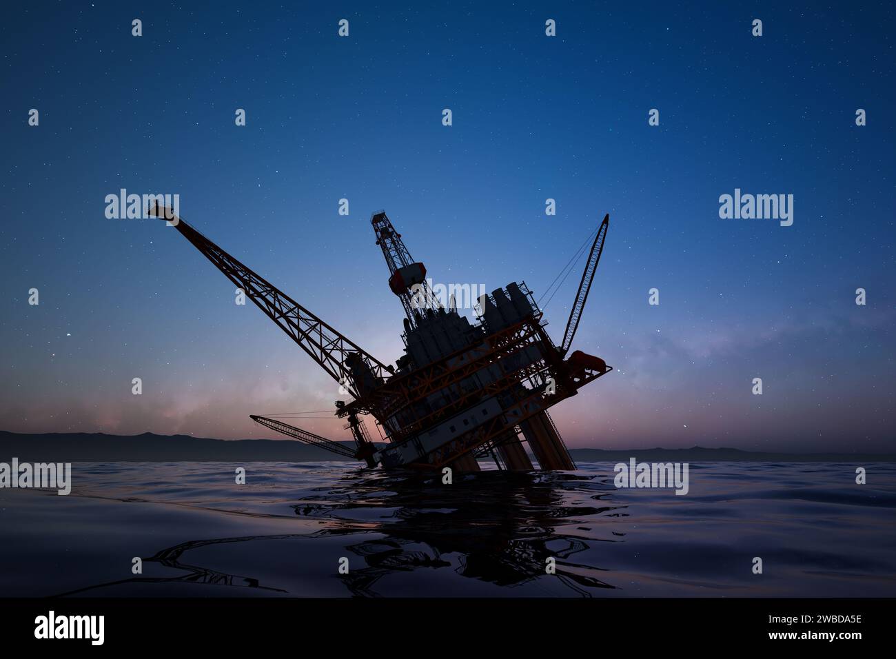 Captivating view of an offshore oil rig powerfully silhouetted against a star-enhanced twilight sky, with serene reflections dancing upon the surround Stock Photo