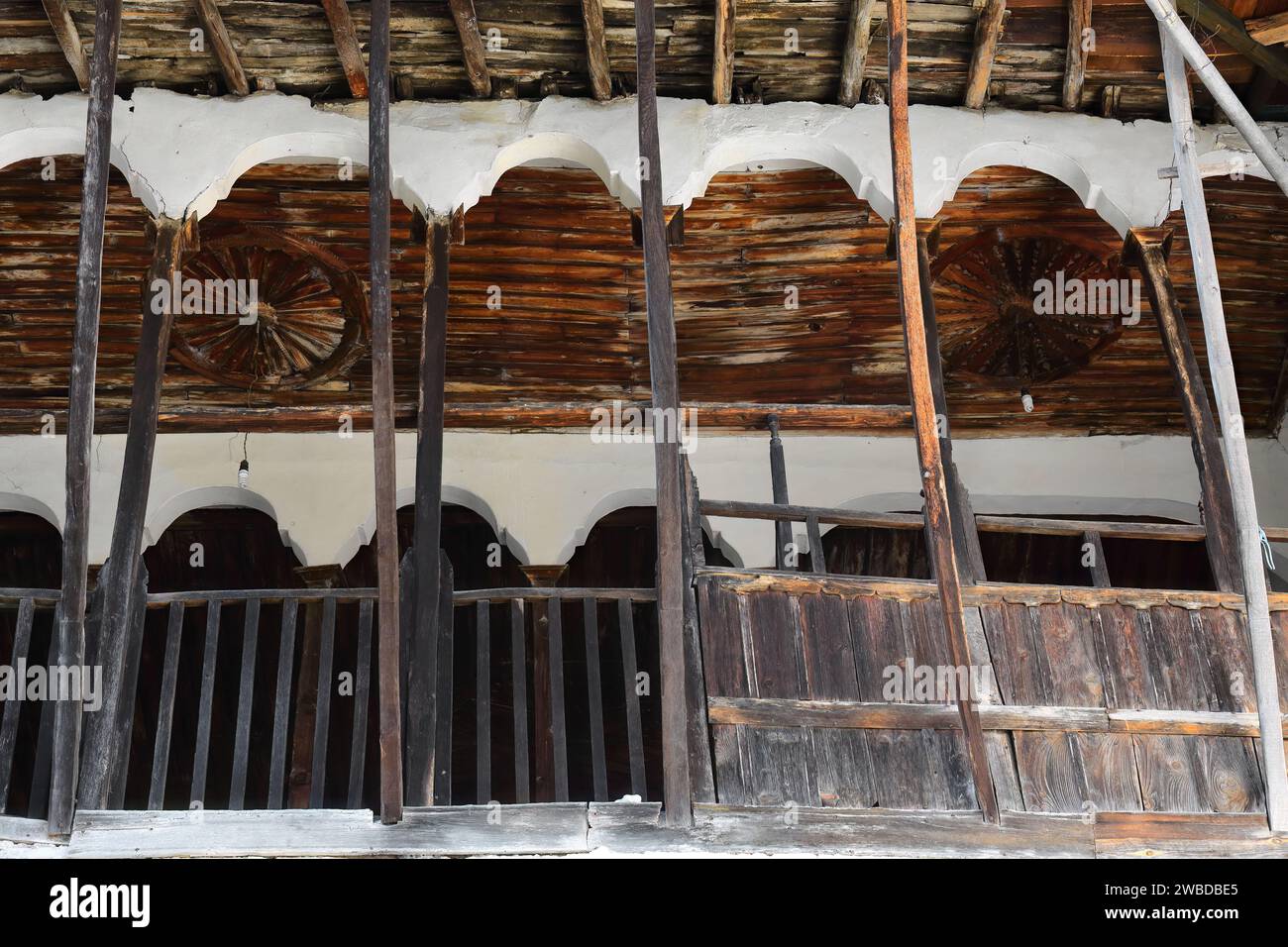 217 Seven-arch central balcony of an Ottoman-style house, the richest in town, in the old city upper part. Gjirokaster-Albania. Stock Photo