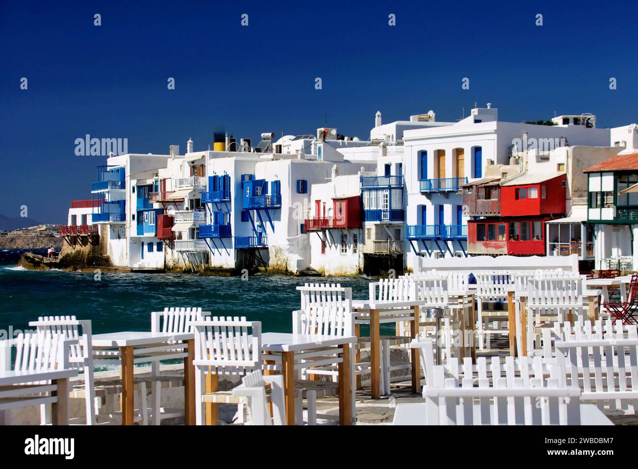 Panoramic view of Mykonos harbor on a sunny summer day, Mykonos, Cyclades, Greece Stock Photo