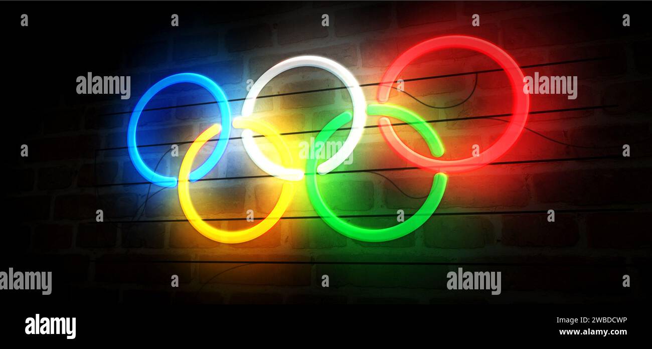 Poznan, Poland, January 7, 2025 Olympic rings neon symbol