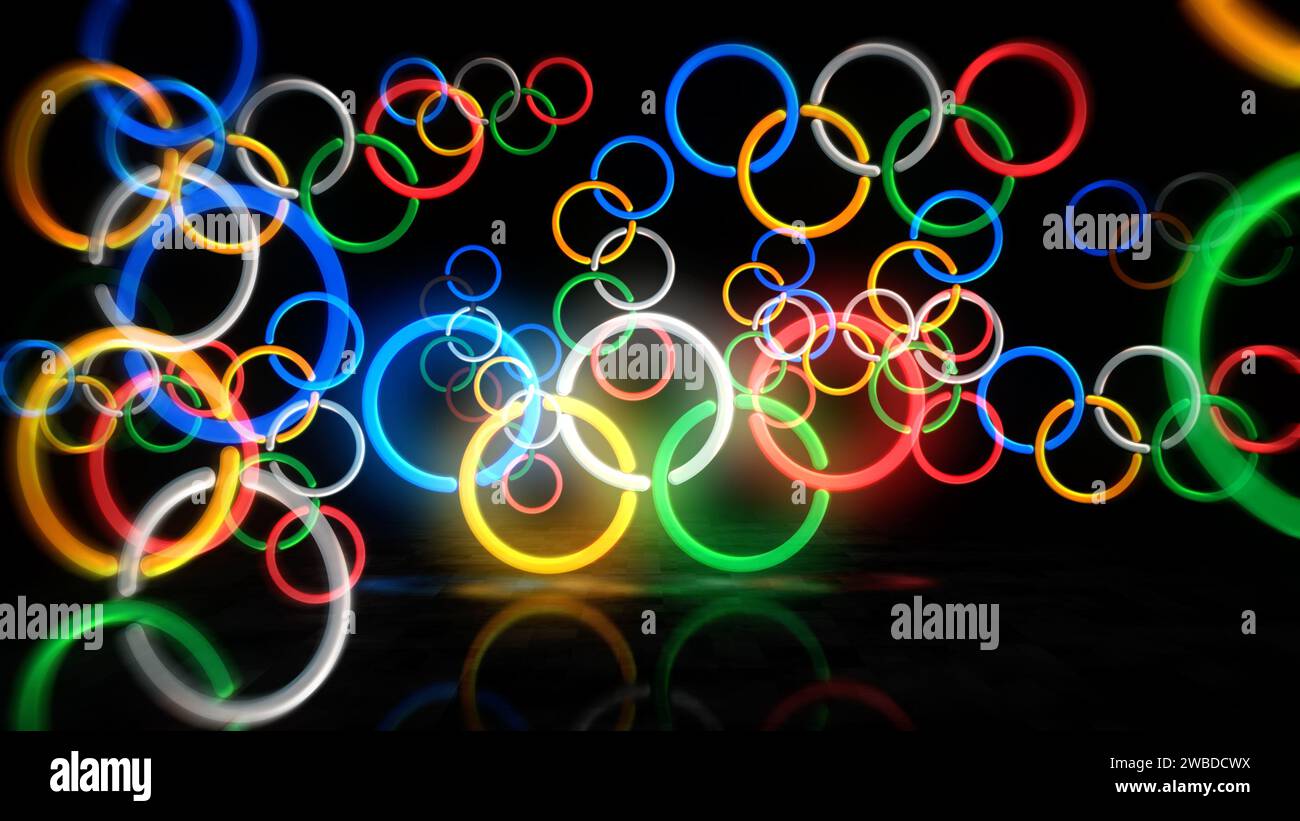Poznan, Poland, January 7, 2024 Olympic rings neon symbol