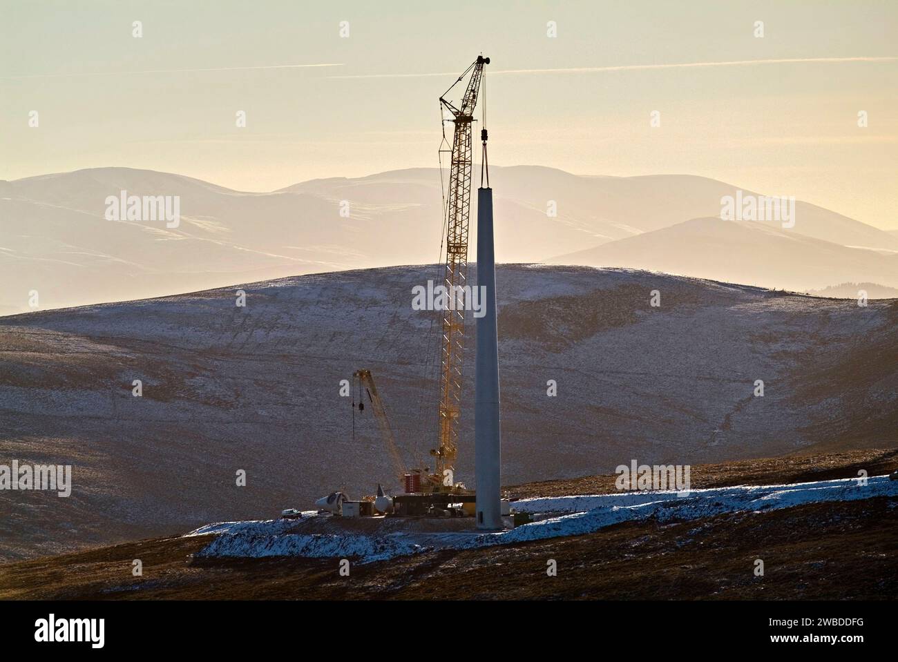 Wind turbine installation on a new wind farm in the cairngorms, Scottish Highlands, UK Stock Photo