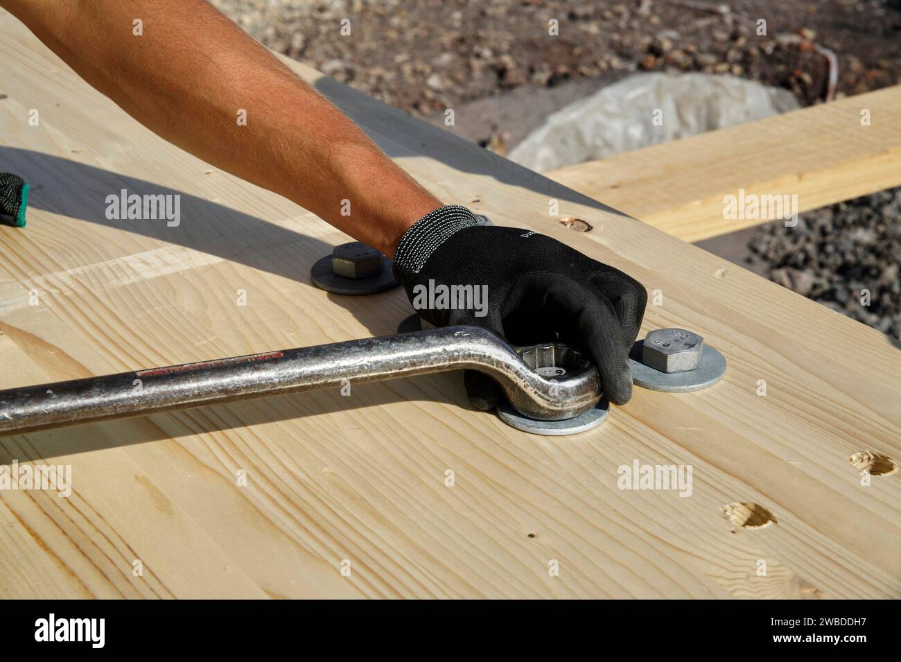 Timber Frame construction using glue lam beams, on UK construction site Stock Photo
