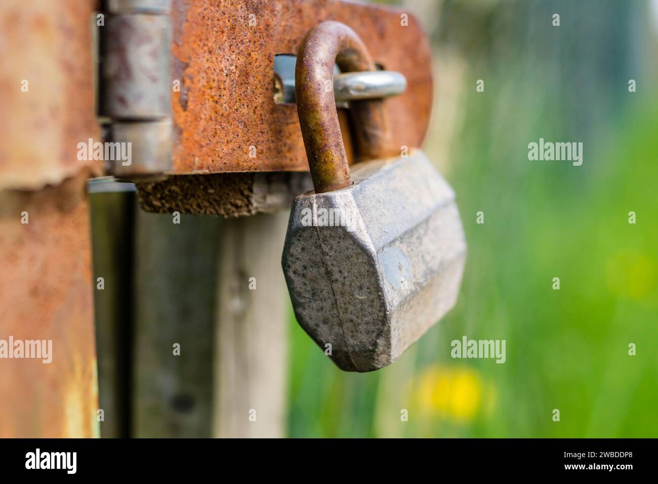Old padlock symbolically on the fence Stock Photo
