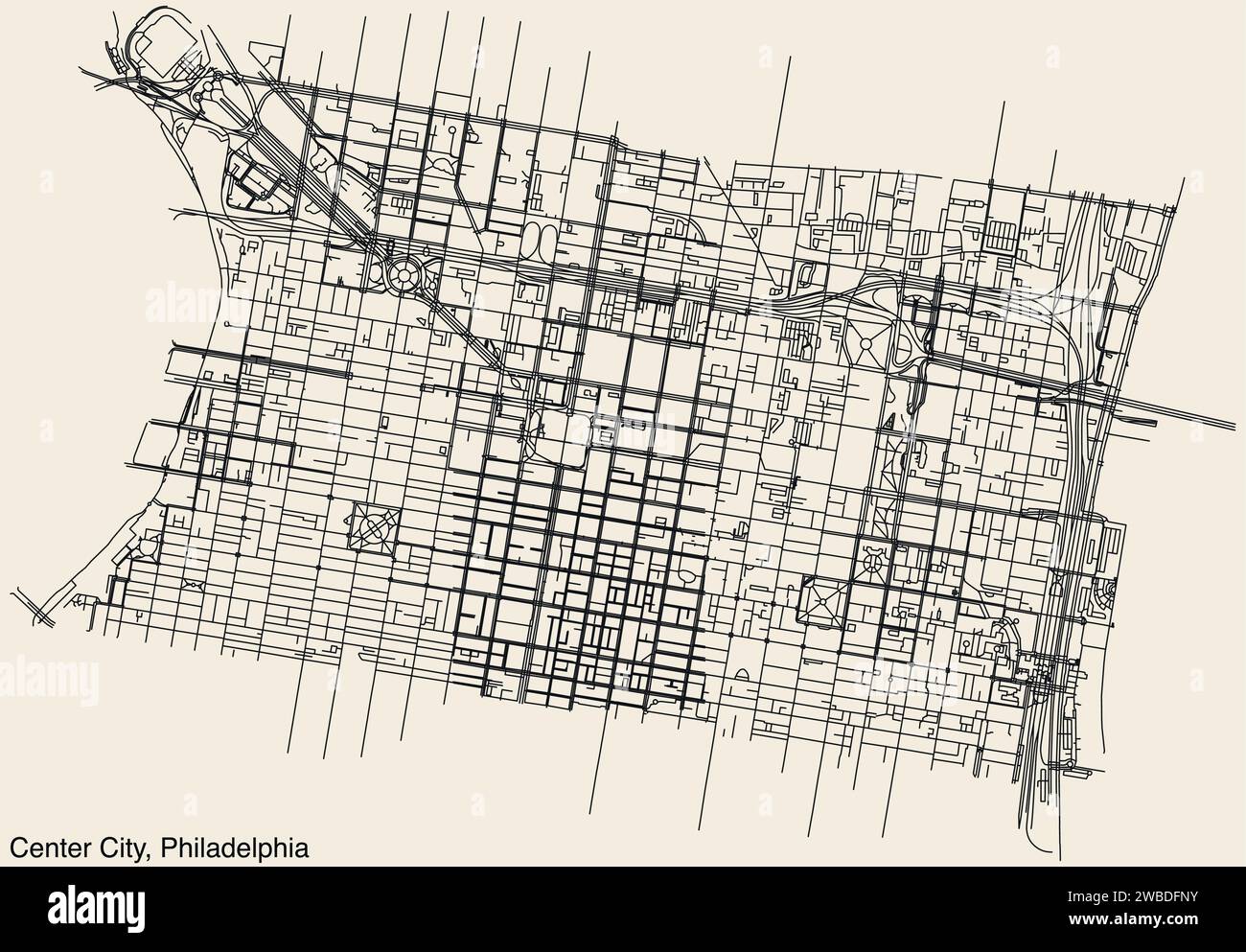 Street roads map of the CENTER CITY neighborhood, PHILADELPHIA Stock ...