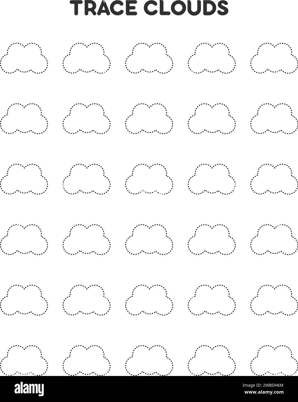 Trace clouds. Worksheets for kids. Preschool education. Vector