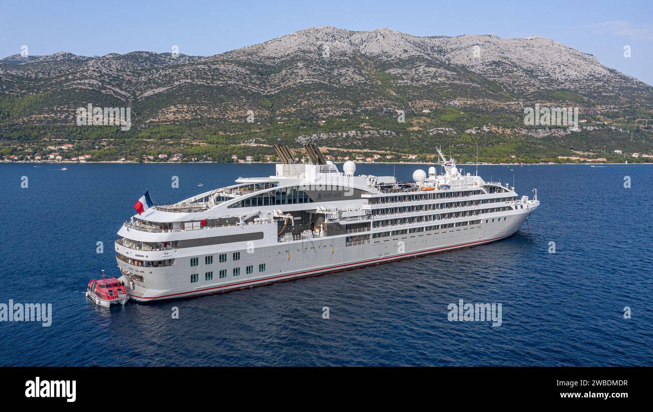 Expedition cruise ship LE LYRIAL anchored near Pelješac peninsula & Korcula, Croatia, Adriatic Sea, French luxury cruise line PONANT,Dalmatian cruises Stock Photo