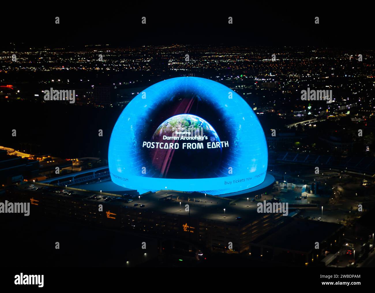 Las Vegas, Nevada, USA November 7th, 2023 MSG Sphere advertising Postcard from Earth Stock