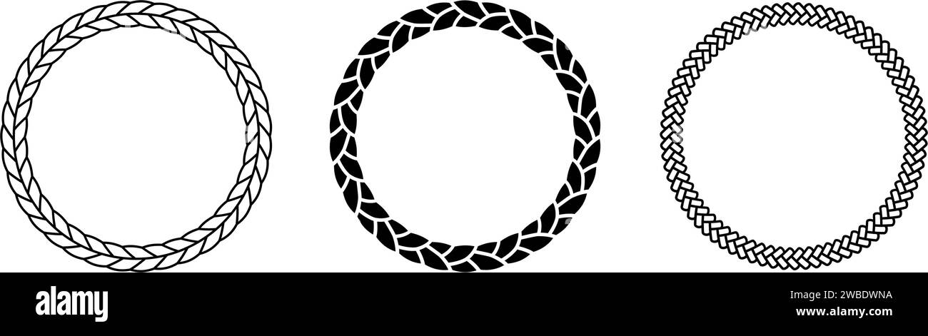 Ropes frame set. Round cord border collection. Circle rope wreath loop pack. Chain, braid, plait borders bundle. Circular design elements for decoration, banner, poster. Vector decorative frames Stock Vector