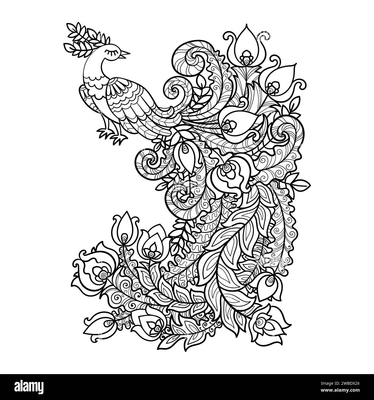 Peacock with a beautiful long tail. Black and white linear drawing. For the design of coloring books for children and adults, prints, posters, cards, Stock Vector