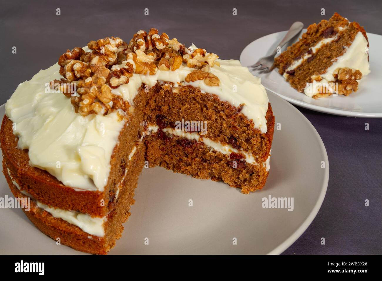 Coffee, chocolate and walnut cake and serving Stock Photo