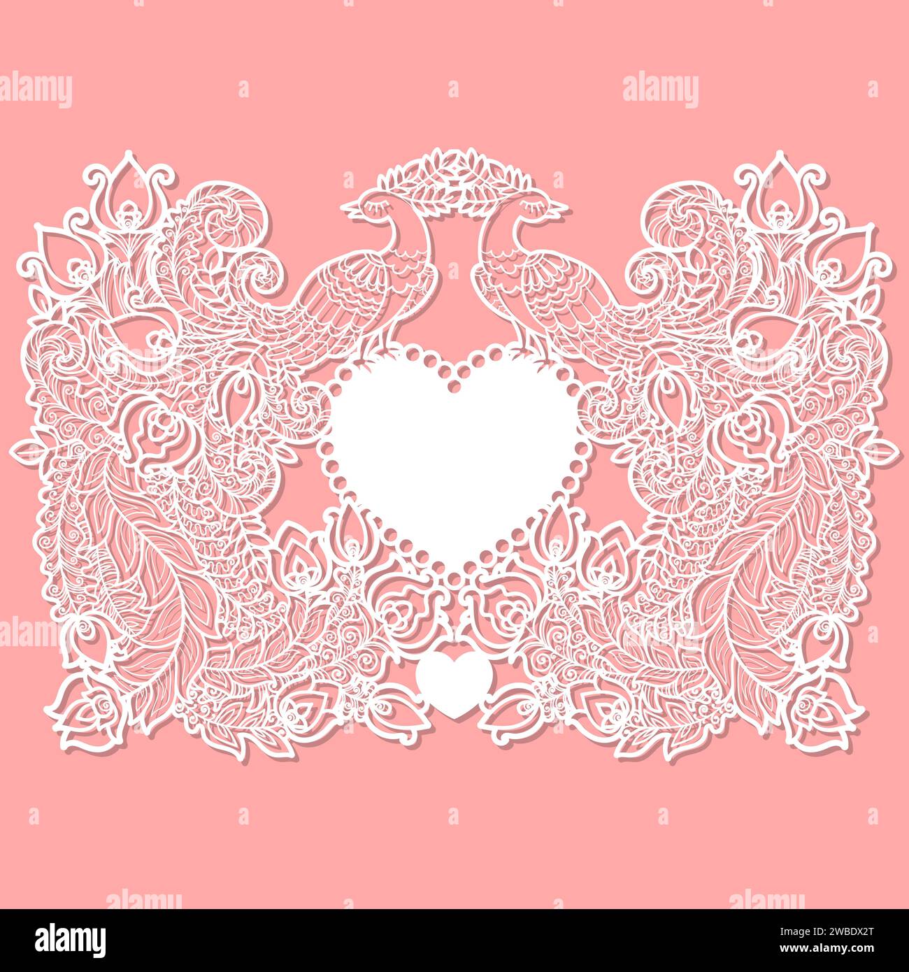 Two peacocks with beautiful, long, openwork tails and a heart. Template