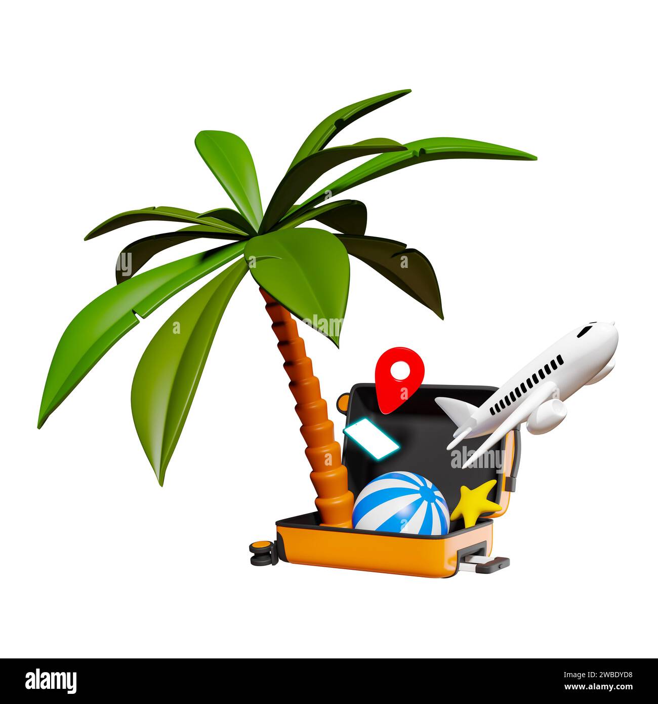 Palm tree, beach ball, starfish, plane, smart phone and a map pin jumping out of opened suitcase isolated. 3d rendering Stock Photo