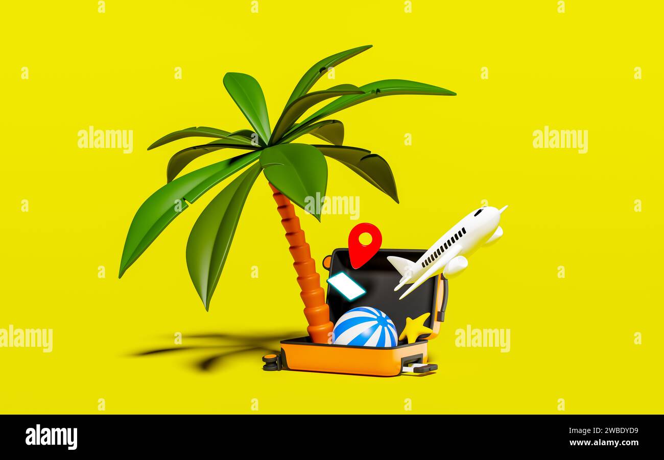 Palm tree, beach ball, starfish, plane, smart phone and a map pin jumping out of opened suitcase on lime background. 3d rendering Stock Photo