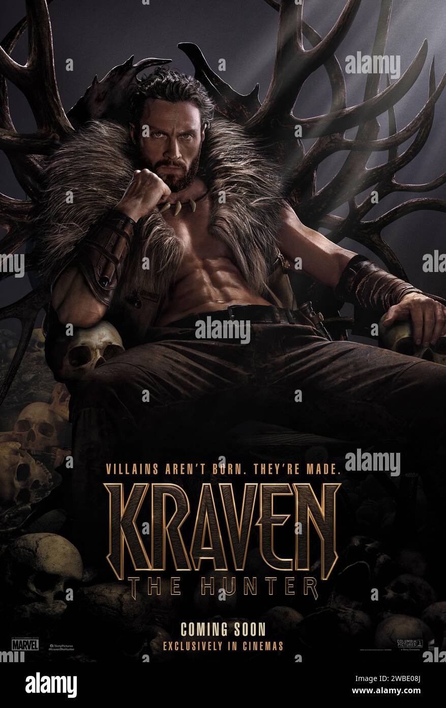 Kraven the Hunter (2024) directed by J.C. Chandor and starring Aaron Taylor-Johnson, Russell Crowe and Ariana DeBose. Russian immigrant Sergei Kravinoff is on a mission to prove that he is the greatest hunter in the world. US advance poster ***EDITORIAL USE ONLY***. Credit: BFA / Columbia Pictures Stock Photo