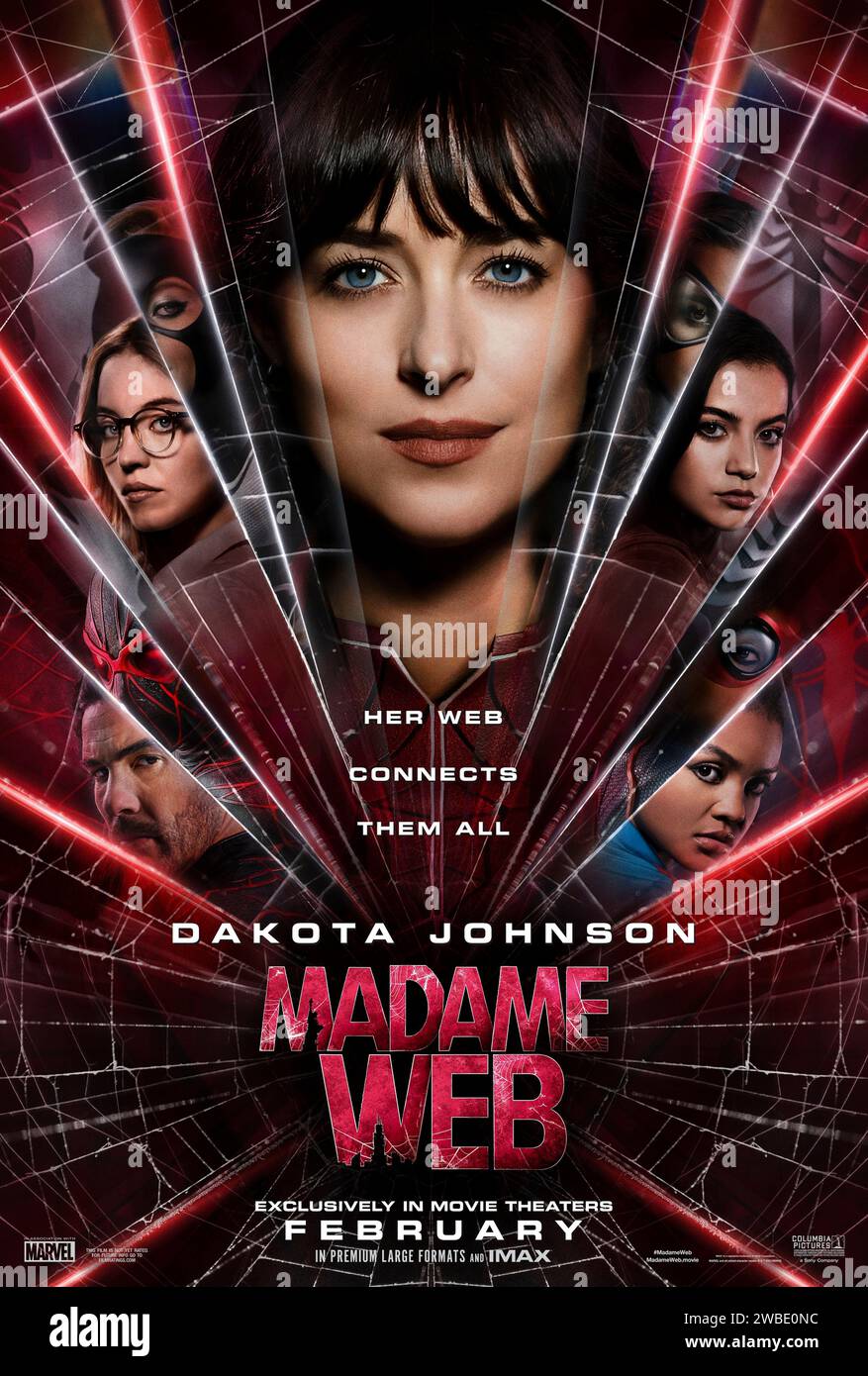 Madame Web (2024) directed by S.J. Clarkson and starring Dakota Johnson, Sydney Sweeney, Isabela Merced and Emma Roberts. Cassandra Webb is a New York City paramedic who starts to show signs of clairvoyance. Forced to confront revelations about her past, she must protect three young women from a mysterious adversary who wants them dead. US advance poster ***EDITORIAL USE ONLY***. Credit: BFA / Columbia Pictures Stock Photo