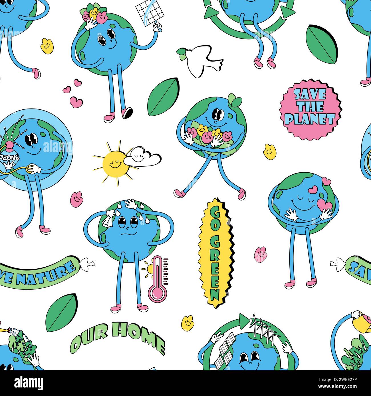 Seamless pattern with Earth character retro vector illustration Stock Vector