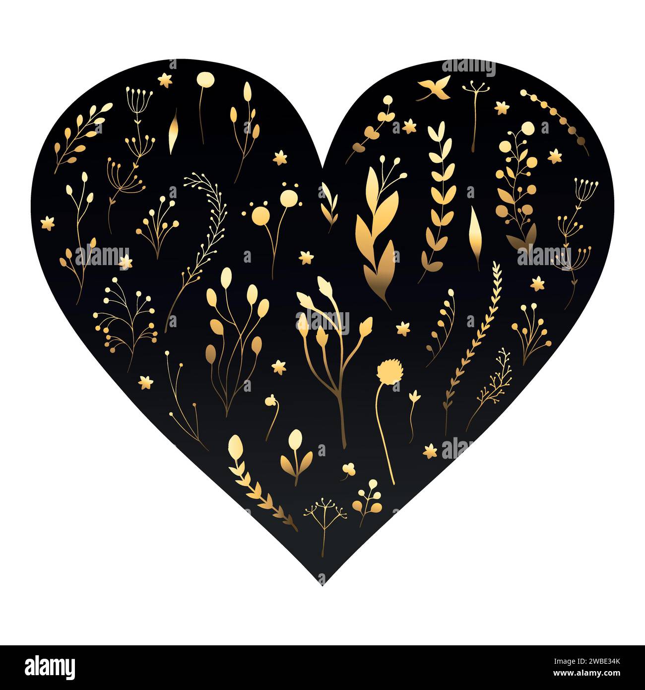 Heart template decorated with gold colored plants. Heart with floral arrangement. Vector illustration Stock Vector