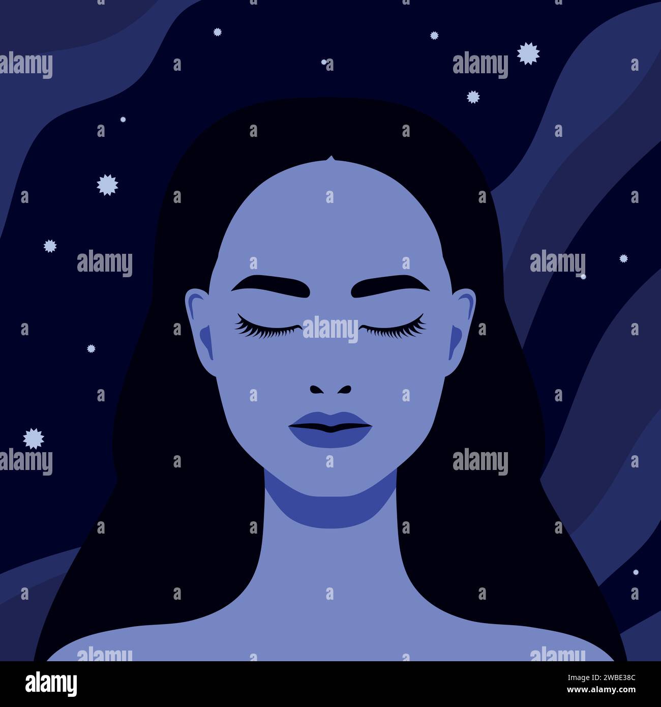 Beautiful woman with closed eyes on night sky background with stars ...