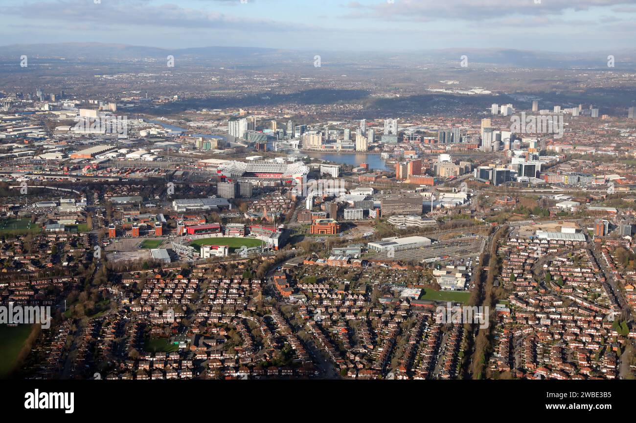 aerial view of the Old Trafford District of Manchester with the urban area of Firswood in the