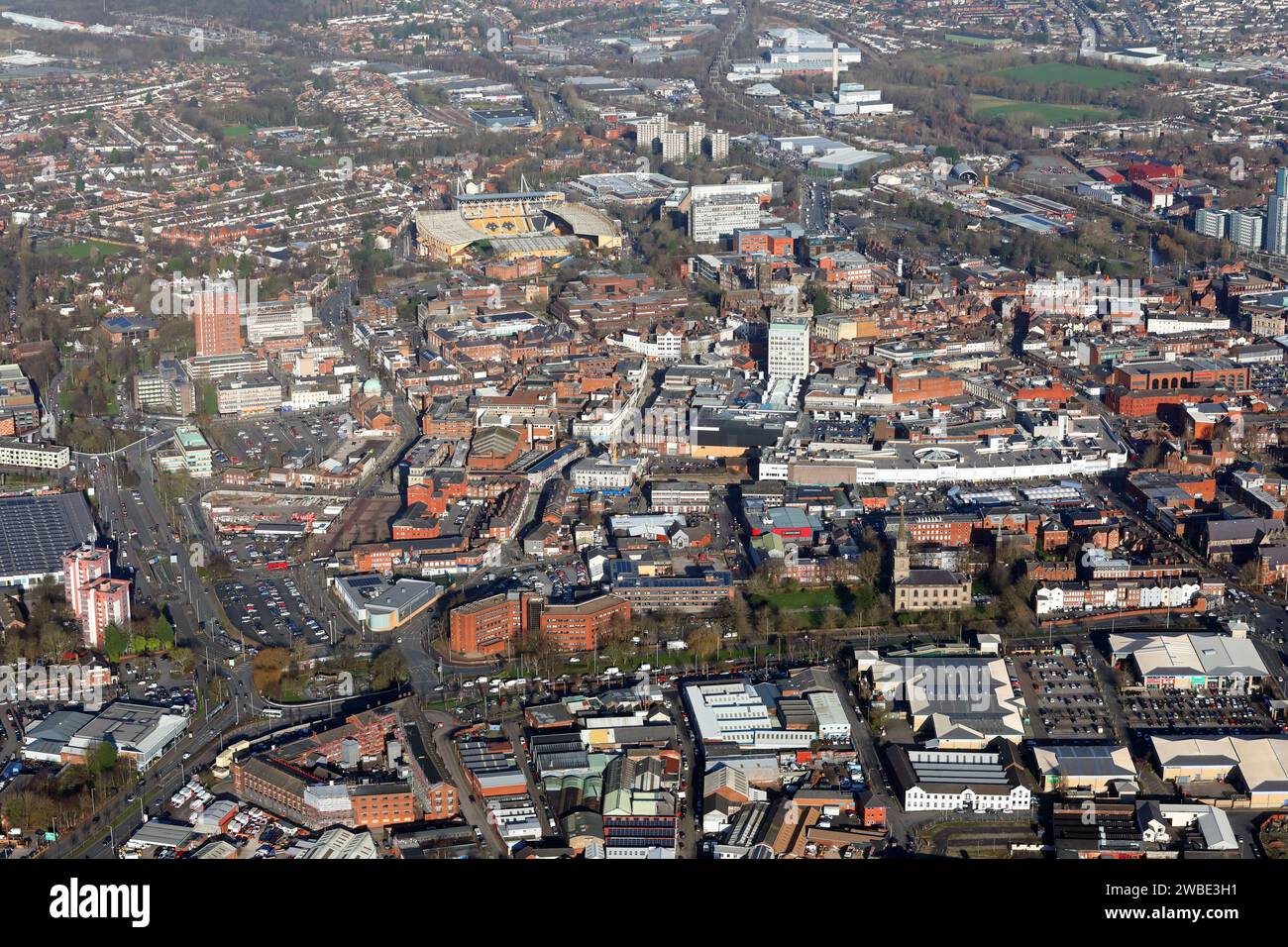 aerial view of Wolverhampton city centre from the South looking North, UK Stock Photo