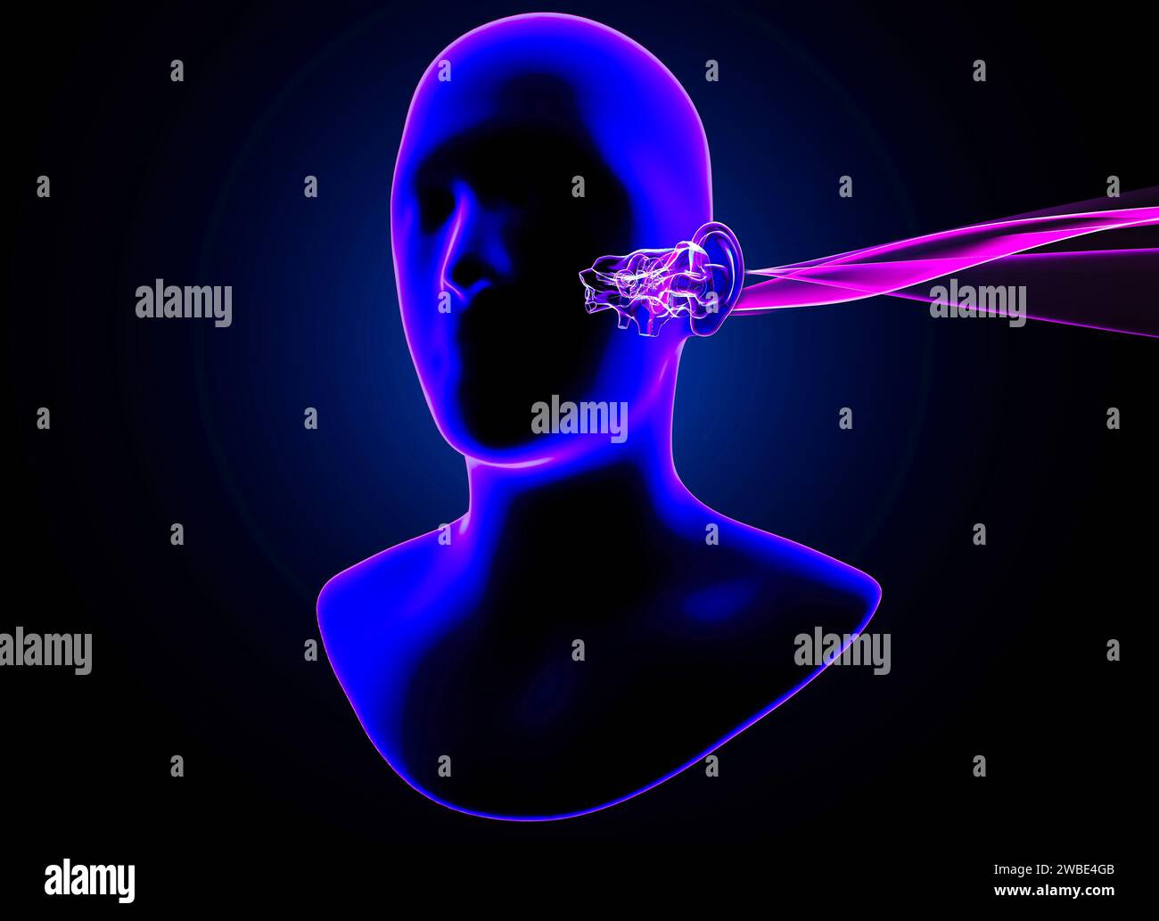 Hearing problems and solutions. Ultrasound. Deafness. Advancing age and hearing loss. Soundwave and equalizer bars with human ear. 3d rendering Stock Photo