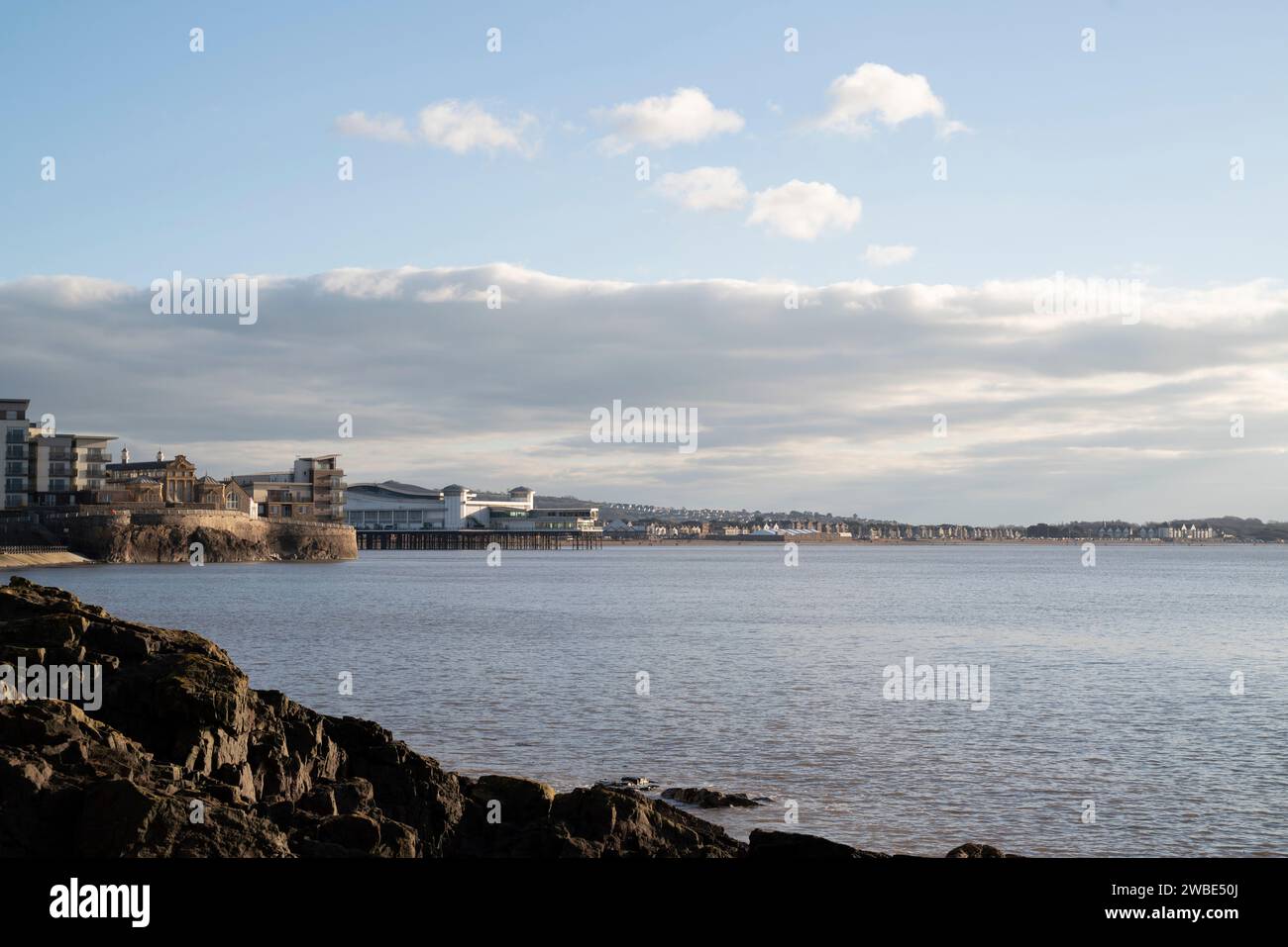 General view across the beach and bay of Weston-super-Mare, North Somerset at high tide. Stock Photo