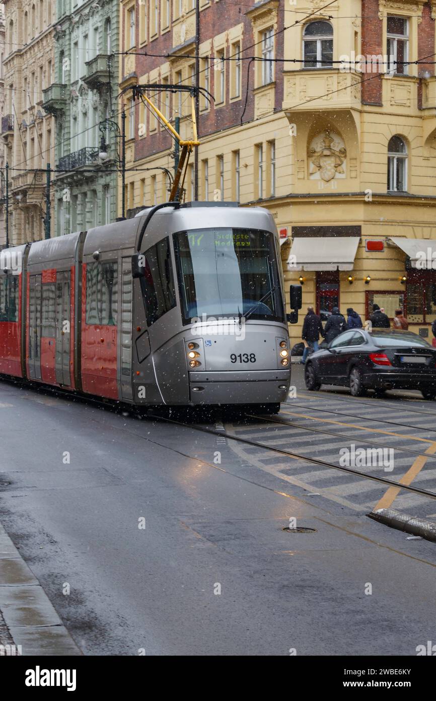 City train transporting people in Prague city Czech republic on a winter day in december Stock Photo