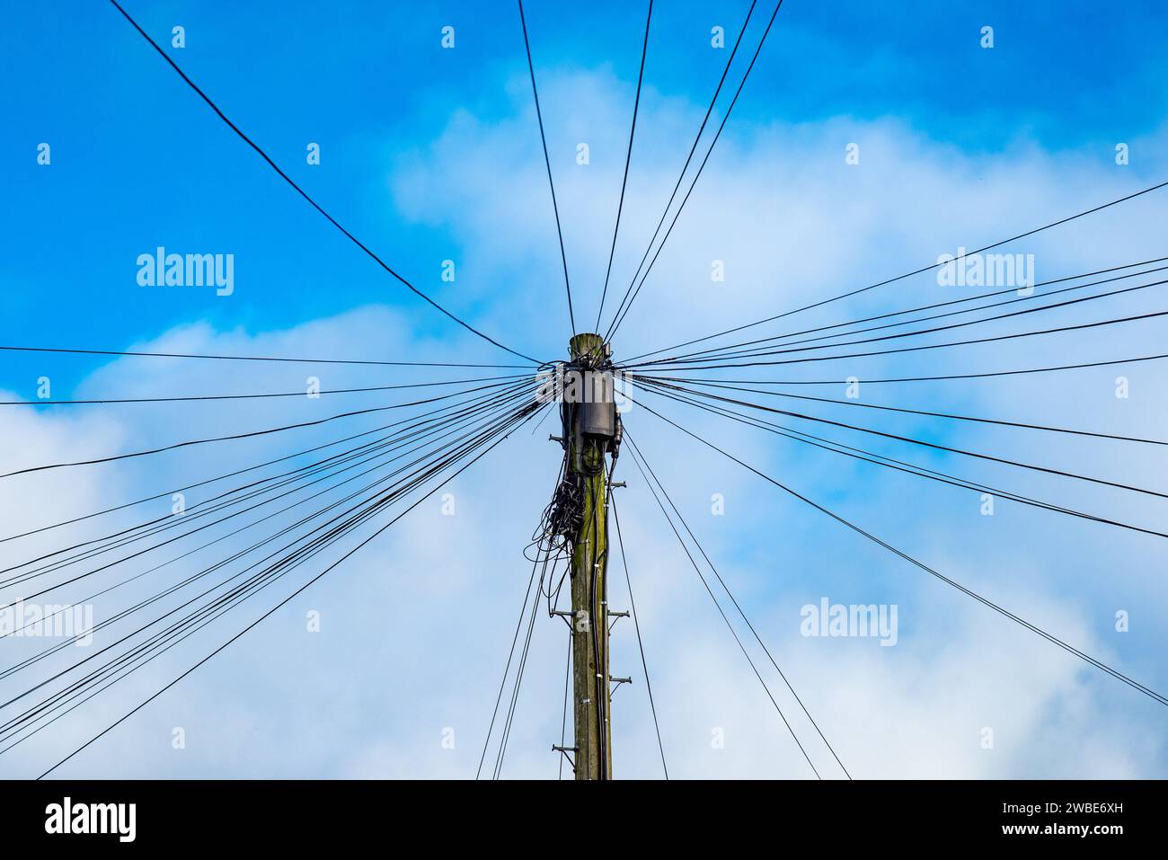 Telegraph pole with telephone wires, Ribchester, Lancashire, UK. Stock Photo