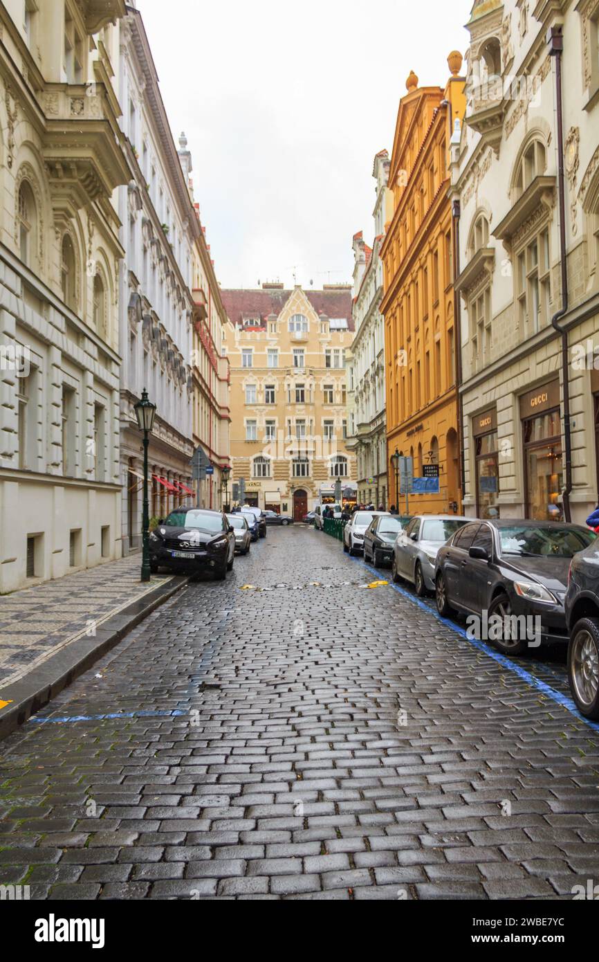 Streets scene of Prague city in winter with buildings Stock Photo