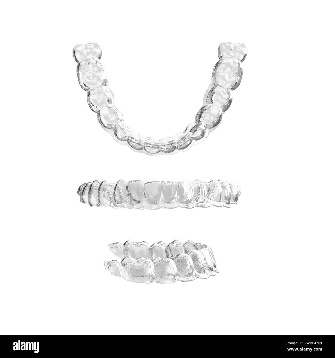 An invisible, clear plastic aligner for upper teeth, showcasing its