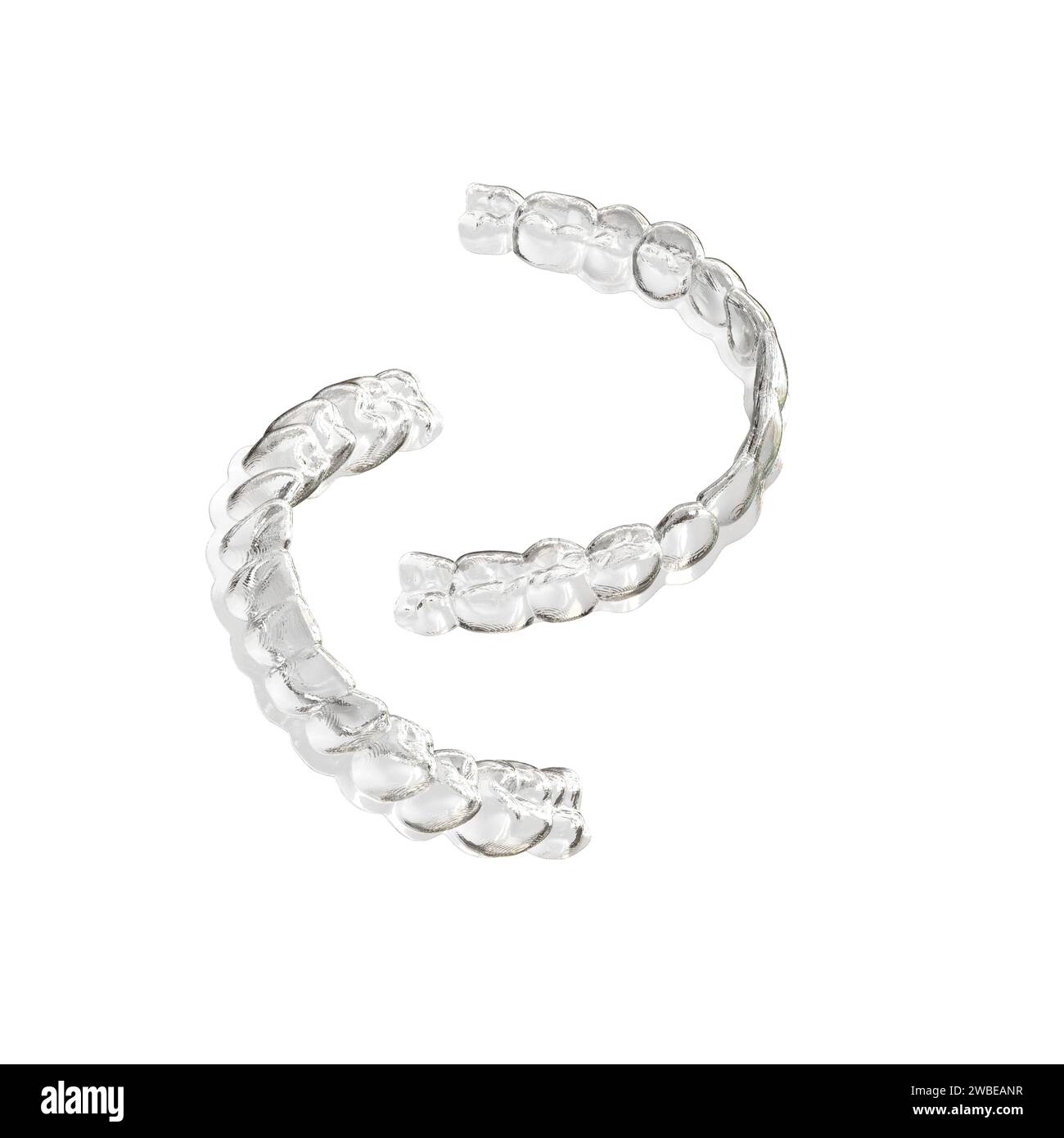 An invisible, clear plastic aligner for upper teeth, showcasing its