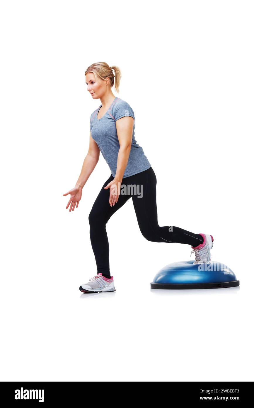 Exercise, half ball and woman doing lunge for wellness, studio workout
