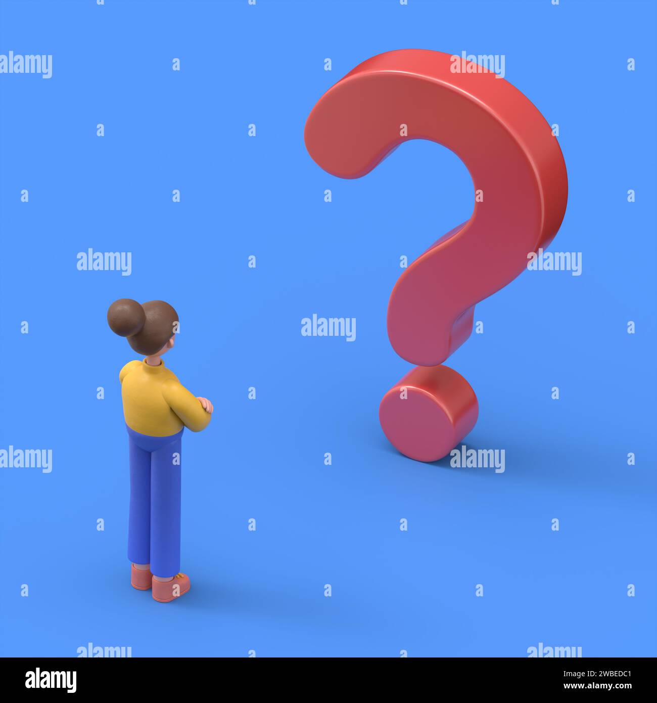 3D illustration of Asian man Felix faces a big red question mark, solution to a problem or task.3D rendering on blue background. Stock Photo