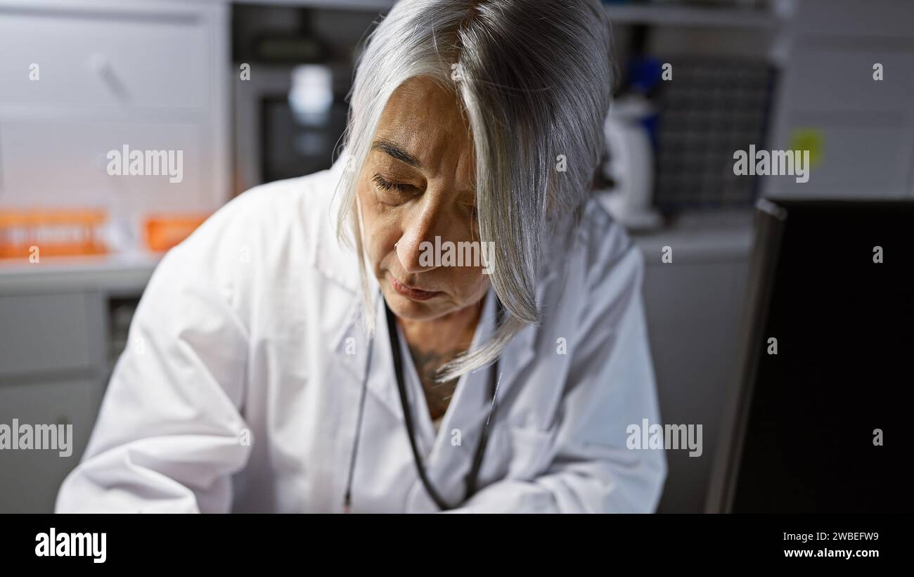 Mature, beautiful grey-haired woman scientist totally engrossed in her medical research in a laboratory, delicately penning notes in her notebook, unr Stock Photo